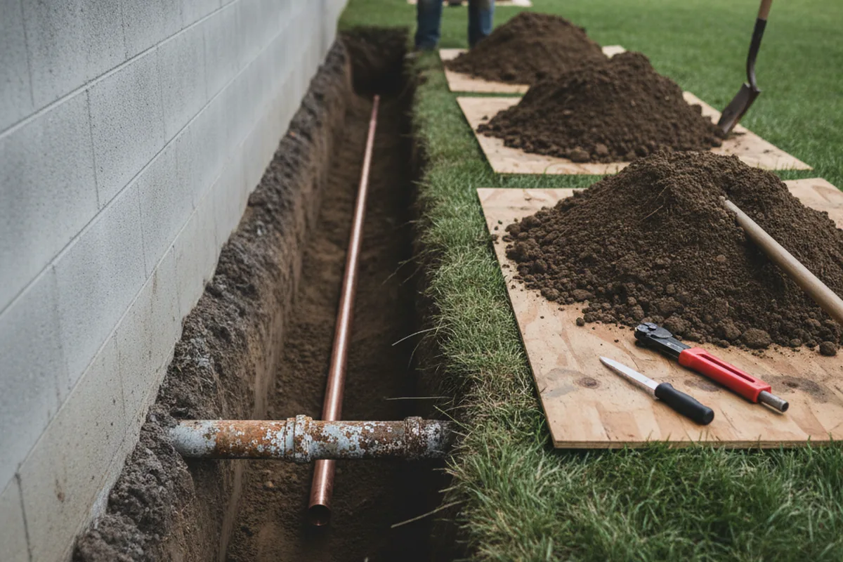 Excavated water line trench during Water Heater Repair in Spottsville